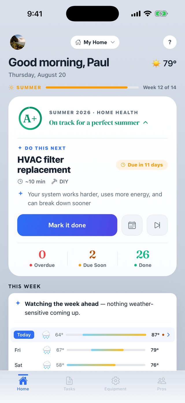 Sesto home screen — an A-grade home health score, an active National Weather Service heat warning, and the next task to do