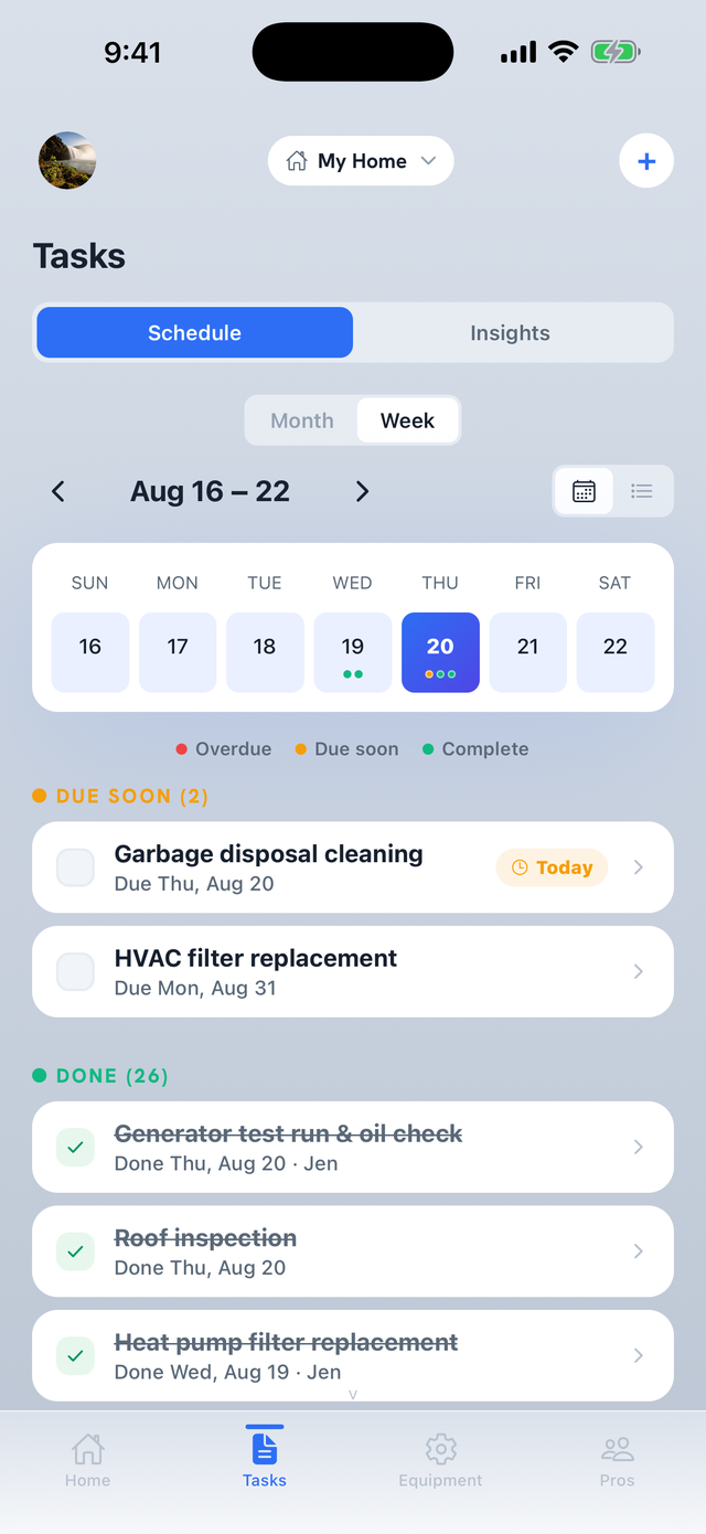 The tasks tab — a week view showing what's coming, when