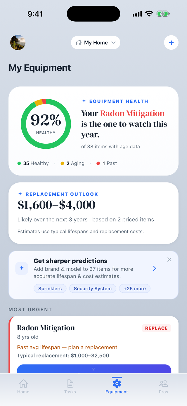 The equipment tab — every system with its own health score and replacement outlook
