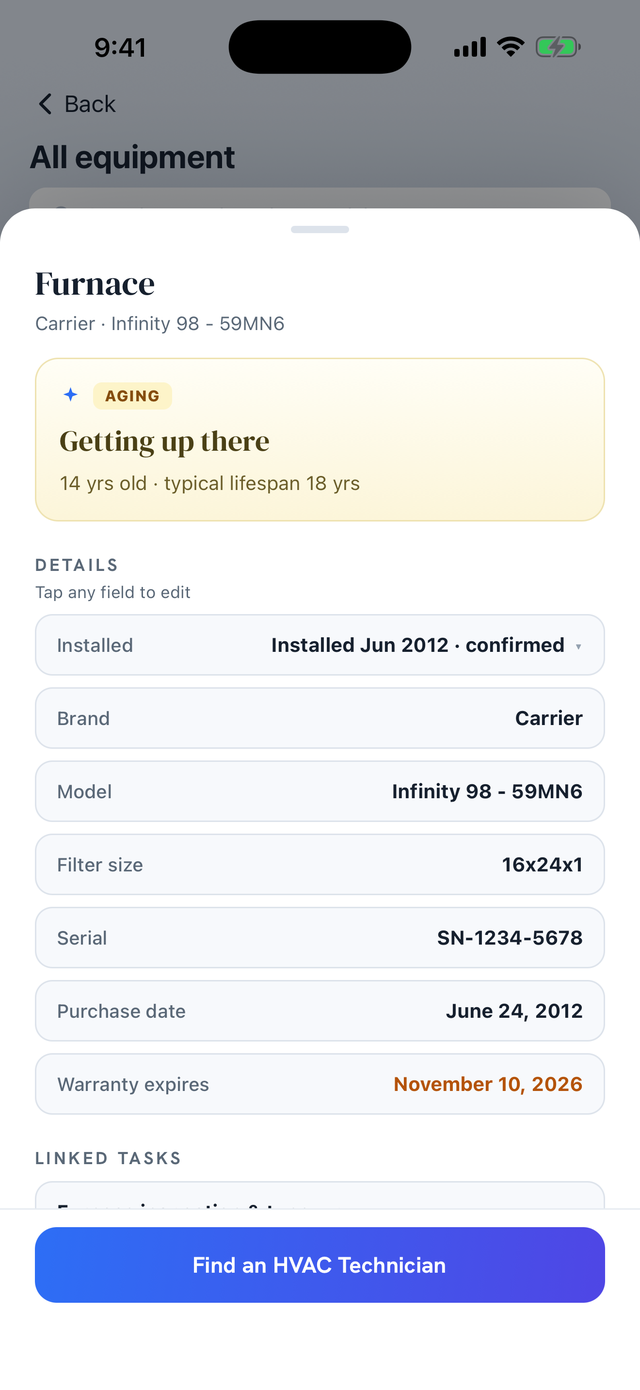 A furnace detail — age, lifespan, filter size, and warranty saved once