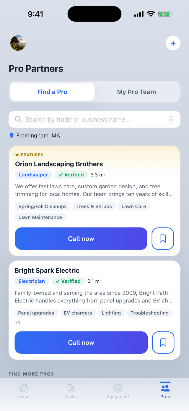 The pros tab — verified local pros, sorted by distance, one tap to call